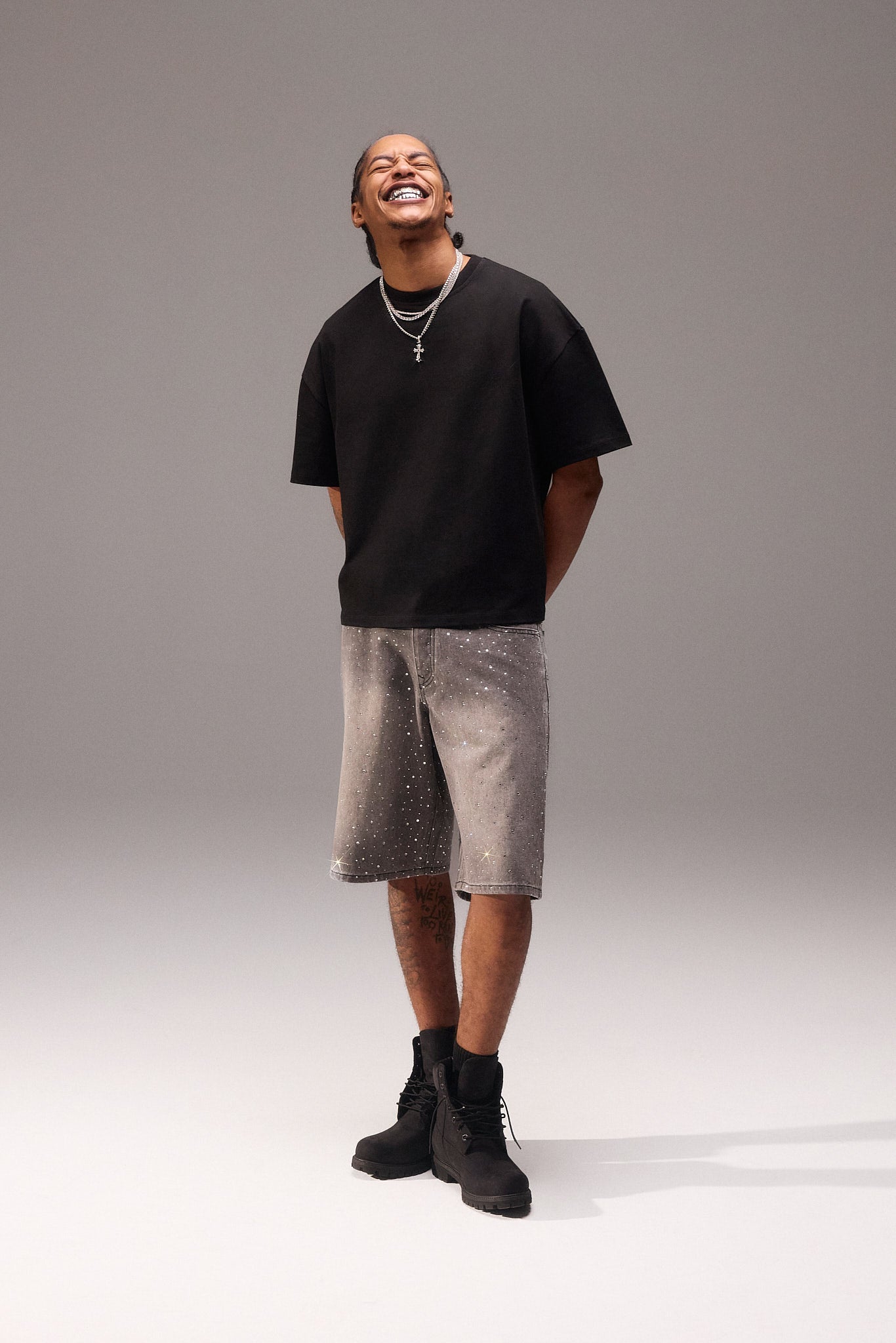 Rhinestone Denim Jort - Washed Grey